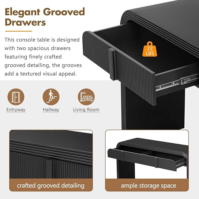 55'' Fluted Console Table with Drawers, Wood Modern Curved Entryway Table with Storage and Rounded Silhouette for EntryWay, Hallway, Foyer (Black)