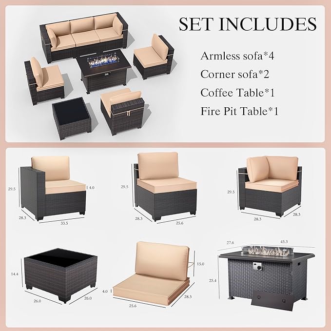 Gotland 8 Pieces Patio Furniture Set with Fire Pit Table, All Weather Rattan Outdoor Furniture with 29.5'' High Backrest 4’’ Thick Cushions Coffee Table, Outdoor Sectional for Porch, Deck, Khaki