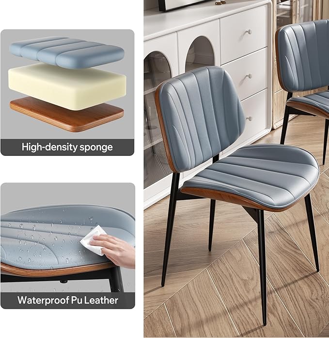 Dining Chairs Set of 6, Mid Century Modern Dining Room Chairs, Upholstered Faux Leather Kitchen Chairs with Walnut Bentwood Back and Metal Legs, Blue