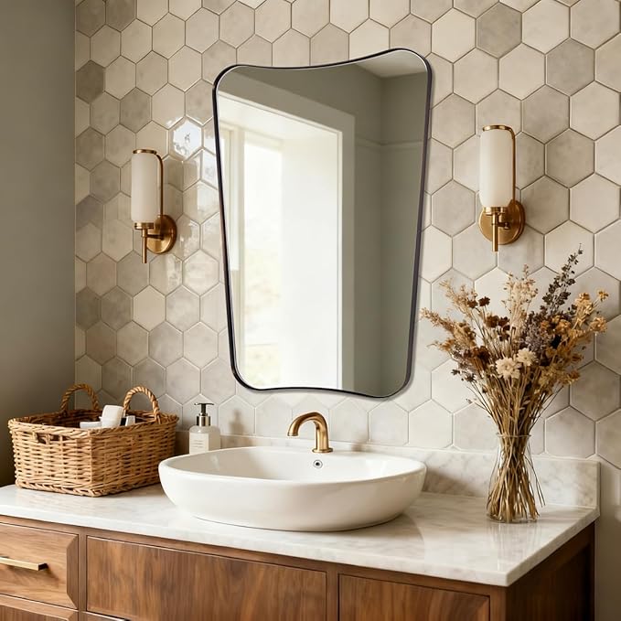 ANDY STAR Brushed Bronze Asymmetrical Mirror, 22"x30" Bathroom Mirror for Over Sink, Premium Stainless Steel Thin Frame, Antique Bronze Mirror for Wall, Butterfly-Inspired Designer Decor