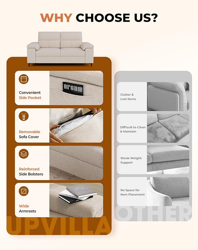 71.25" Modern Sofa Couch for Living Room, Deep Seat Sofas with 8”Cushion, Comfy 2-Seater Chenille Loveseat with Convertible Armrest, Removable Sofa Cover, High Leg (Beige)