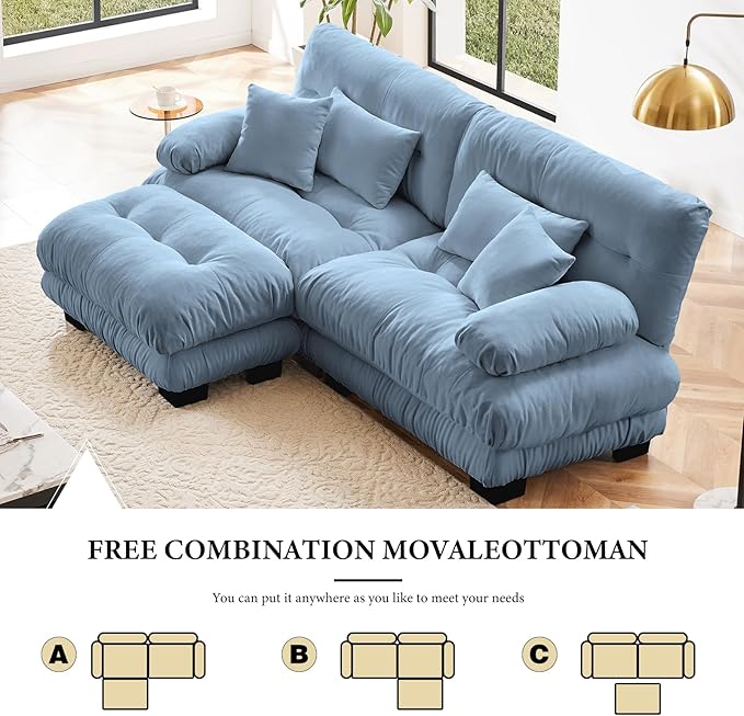 94.4" Loveseat Sofa, 2 Seater Modular Sectional Sofa, Blue Large L Shaped Sectional Couches for Living Room, Fluffy Chenille Fabric Cloud Couch with Ottoman