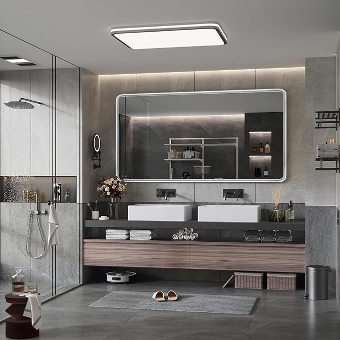 Silver Framed Mirrors for Bathroom,60 x 36 Inch Rounded Conner Rectangle Mirror for Wall, Matte Silver Vanity Mirror with Tempered Glass,Hangs Horizontally or Vertically