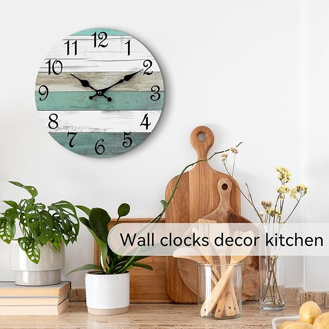 CHYLIN Wall Clock,10 Inch Silent Non Ticking Wall Clocks Battery Operated, Teal Turquoise Rustic Clock Decorative for Kitchen Bathroom Bedroom Living Room(Bronze White)