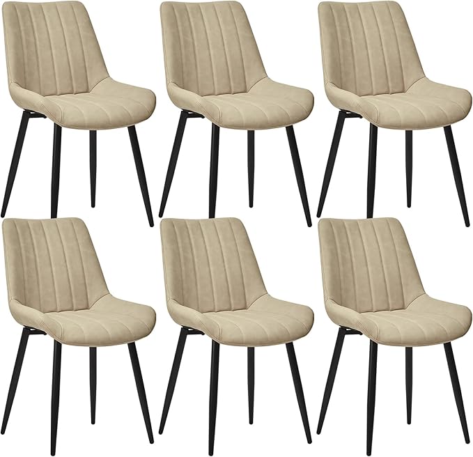 Dining Chairs Set of 6, Faux Leather Modern Linear Design Dining Chair with Metal Legs, 16.9" Seat Width Chair for Kitchen, Lounge, Reception Room, Restaurant, Commercial (Beige)