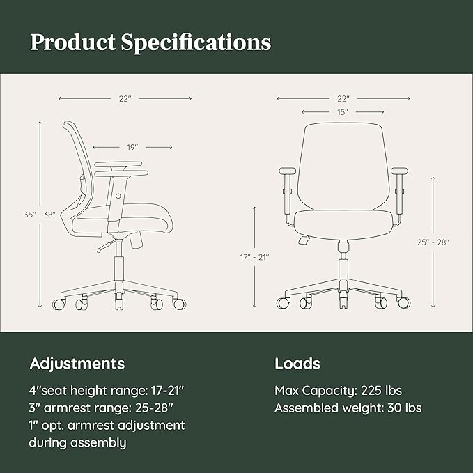 Branch Daily Chair - Vegan Leather Office Chair with Swivel, Lumbar Rest, and Adjustable Armrests - Comfortable Seating for Improved Posture and Productivity - Limestone