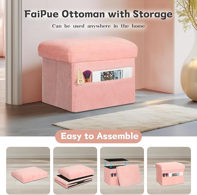 Storage Ottoman, Folding Ottoman Foot Rest Stool with Thicker Furry Padded Seat. Soft Fur Small Ottoman Bench with Storage for Bedroom Living Room, Holds Up to 300 lbs, 17x13x13IN (Pink)