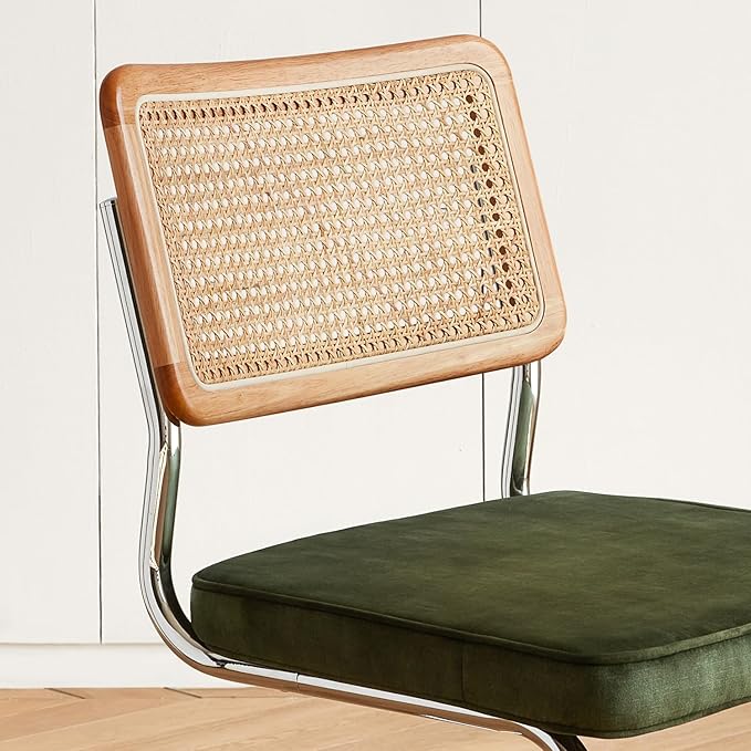 Green Rattan Dining Chairs Set of 4, Wooden Mid Century Modern Kitchen Chairs, Mesh Back Cane Dining Room Chair, Cesca Design Chairs with Metal Chrome Legs