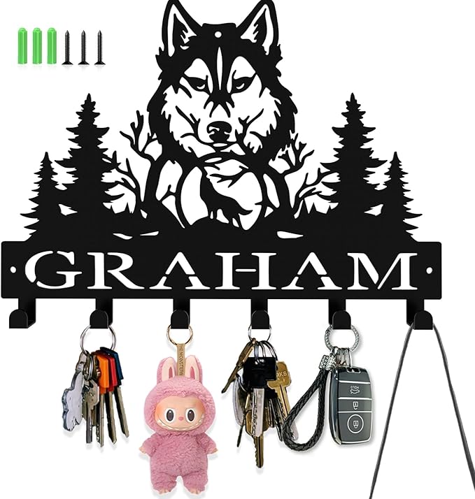 Personalized Key Hooks for Wall,Custom Name Mighty Wolf Key Holder Wall Mounted,Fashion Coat Rack,Metal Key Hanger with Hooks,Key Rack Organizer for Entryway,Hallway,Doorway
