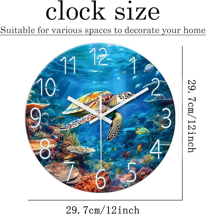 XNM Ocean Round Kitchen Clocks Battery Operated 12 Inch Sea Turtle Analog Wall Clock Modern Funny Blue Glass Wall Clock Silent