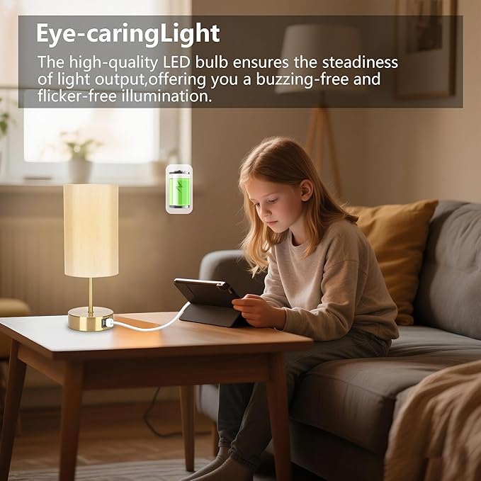 Bedside Table Lamp for Bedroom - 3 Way Dimmable Touch Lamp USB C Charging Ports and AC Outlet, Gold Base Round Flaxen Fabric Shade for Living Room, Desk, LED Bulb Included(Gold Touch Control)