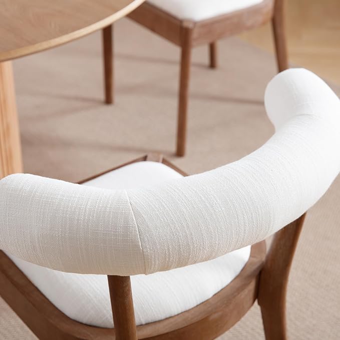 Kmax Dining Room Chairs Mid-Century Modern Fabric Kitchen Chairs with Natural Walnut Finished Frame, Linen Curved Back, Set of 4, White