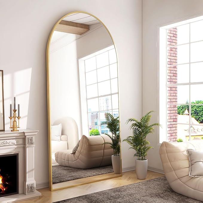 GLSLAND-34x76 inch Wall Mount Arched Full Length Mirror-Aluminum Alloy Frame High Definition-Full Body Mirror for Bedroom or Living Room,Gold