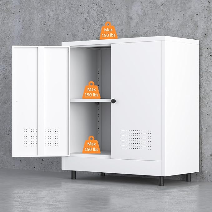 Metal Storage Cabinet with 2 Doors and Adjustable Shelf, Free Standing Accent Sideboard Buffet Cabinet for Home, Office, Entryway, Hallway, Living Room, Kitchen and Dining Room (White)