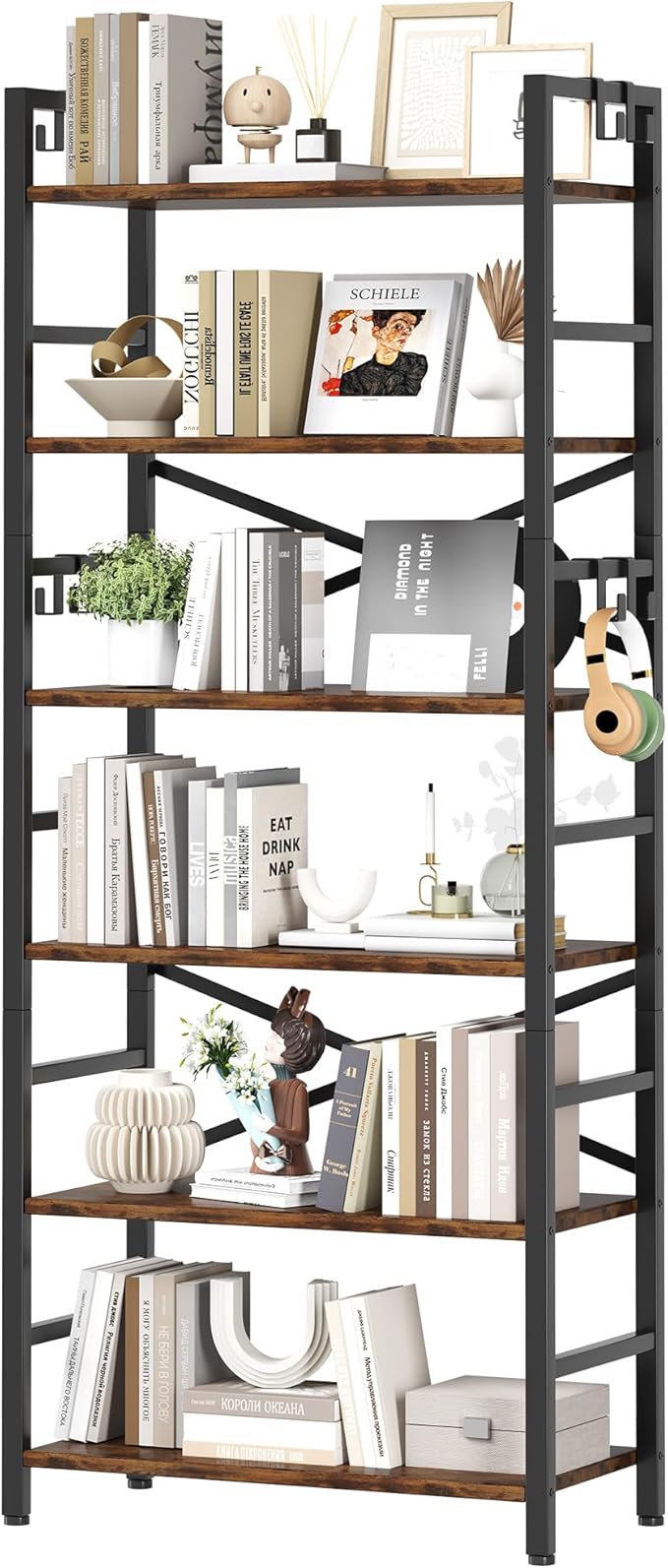 Homeiju 6 Tier Bookshelf, Industrial Bookcase with 8 Hooks, Vintage Storage Rack with Open Shelves, Rustic Standing Bookshelves Metal Frame Display Rack for Living Room, Bedroom, Rustic Brown