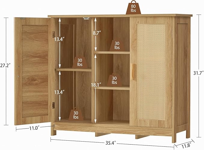 Iwell Rattan Storage Cabinet with 4 Adjustable Shelves, Coffee Bar Cabinet, Sideboard Buffet for Kitchen, Living Room, Entryway, Natural
