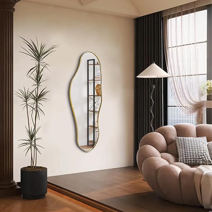 Irregular Mirror, 47"x20.5" Asymmetrical Wall Mirror with Gold Metal Frame, Large Abstract Mirrors Decorative, Modern Unique Shaped Mirrors for Living Room Bathroom Bedroom Hallway Entryway