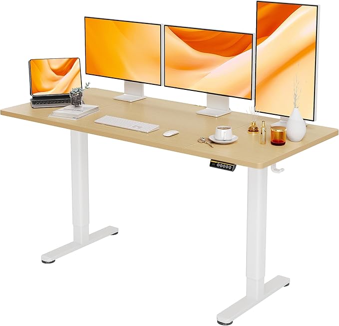 Claiks Electric Standing Desk, Adjustable Height Stand up Desk, 63x24 Inches Sit Stand Home Office Desk with Splice Board, White Frame/Nature Top