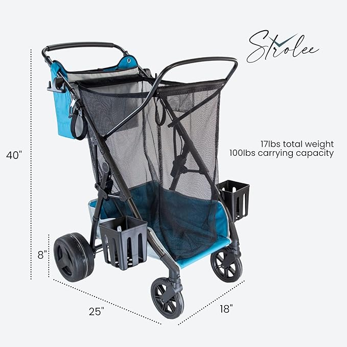 Strolee Large Wheeled Collapsible Beach Cart for Soft Sand, Shopping, Camping & Garden- Lightweight Aluminum Frame- Removable Storage Bag with Carrying Straps, X-L Capacity & Cooler Rack (Blue)