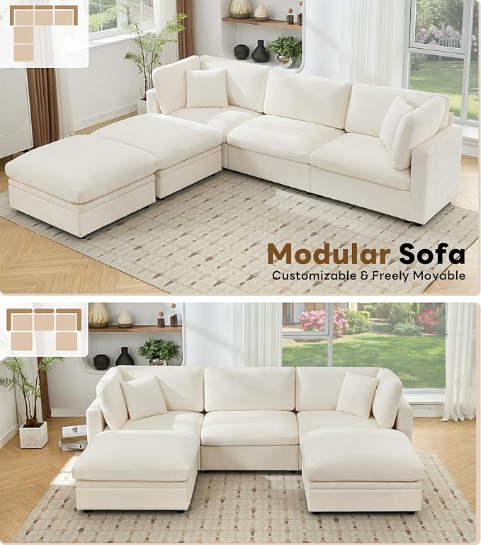 Tbfit Modern Sectional Sofa with Storage, Comfy Cloud Modular Couch with Down-Filled Cushions, Sofa for Home, Living Room, Beige