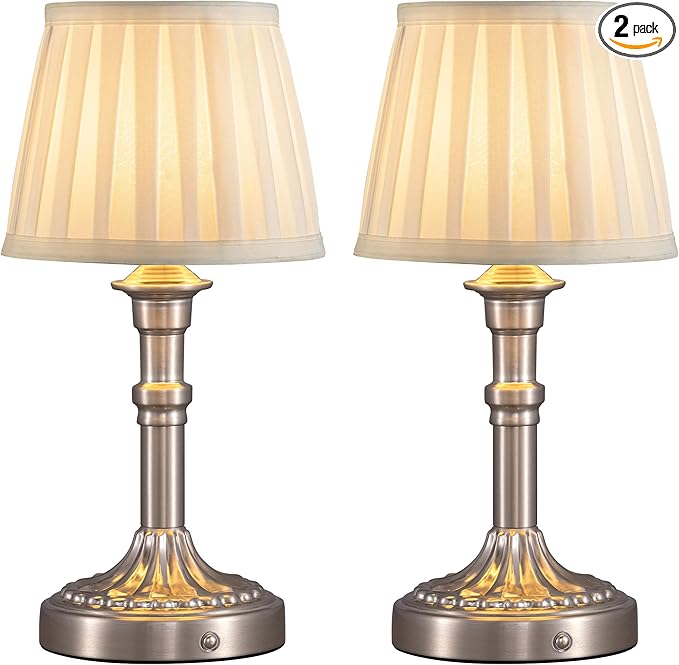 KDG Cordless Portables Table Lamp Set of 2, LED Fabric Shade Small Desk Lamps, 5000mAh Battery Powered Lighting, 2700K Stepless Dimmable Light for Living Room, Dining Room, Bedroom, Bedside (Nickel)