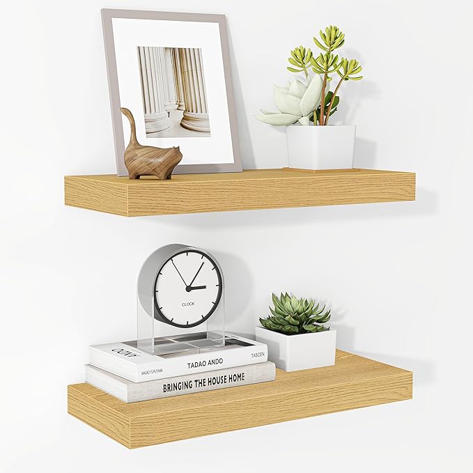 Fun Memories 16 Inch Floating Shelves for Wall, 9.3Inch Deep Floating Shelf, Extra Deeper & Thicker Wall Mounted Storage Shelf for Kitchen, Farmhouse, Oak, 2 Pack