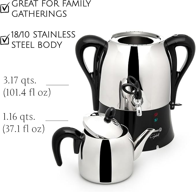 Korkmaz Caykolik A341-14 Stainless Steel Samovar, Upper Pot 1.1 L (37.1 Oz), Bottom Pot 3 L (101.4 Oz) Electric Turkish Tea Maker Set, Double Pots, Inox, Chrome, Black 110 V US Plug, 4.3- Quart