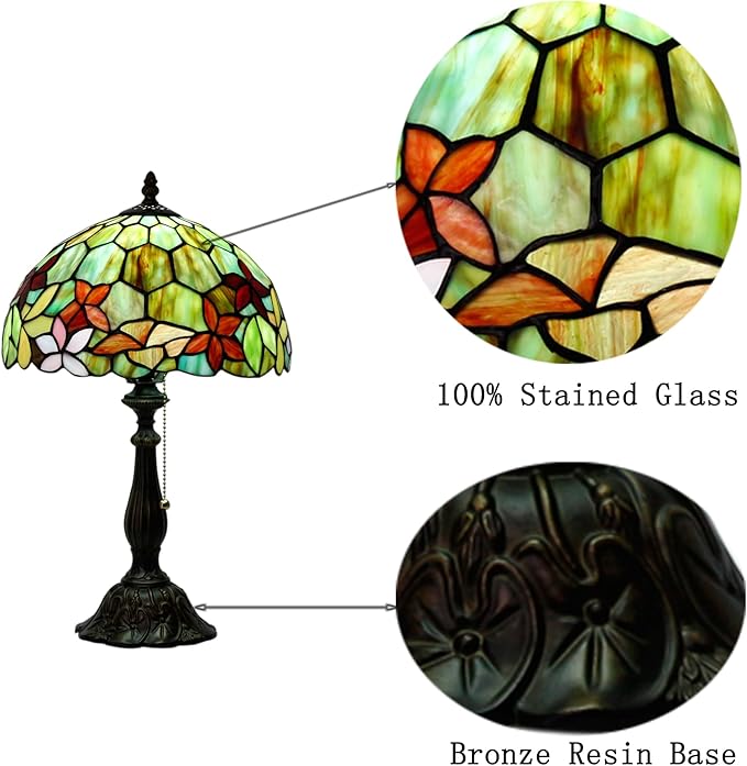Tiffany Table Lamp Stained Glass Lamp 12X12X19 Inch Antique Reading Light (Red Green Flowers)