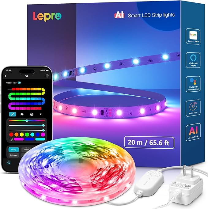 Lepro S1 AI LED Strip Lights for Christmas Decorations, 65.6ft Smart RGB Light Strips with IC and Rainbow Chasing Effects, Personalized Al Lighting Designer, No Remote, 2.4GHz Wi-Fi & Bluetooth