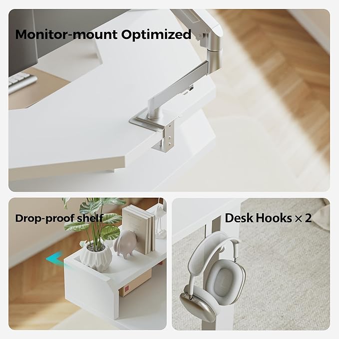 Agilestic L Shaped Standing Desk, Adjustable Height Corner Gaming Desk with Shelf, Sit Stand Up Desk, 63 x 55 Inch Home Office Computer Table, White