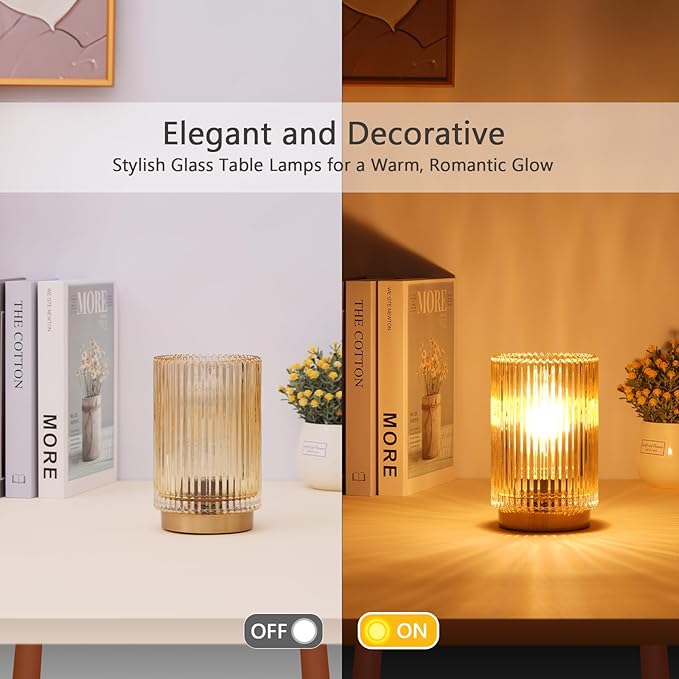 Battery Operated Lamp, Cordless Table Lamp with Timer, Desk Bedside Lamps with LED Warm Light, Glass Small Table Lamp for Bedroom, Bathroom, Living Room, Home Decor - Amber