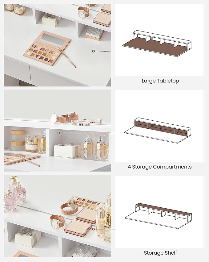 VASAGLE Vanity Desk with Mirror and Lights, Makeup Vanity with Large Mirror, LED Lights with Adjustable Brightness, Vanity Table, 2 Drawers, 3 Compartments, Modern Makeup Desk, Cloud White URDT120T14