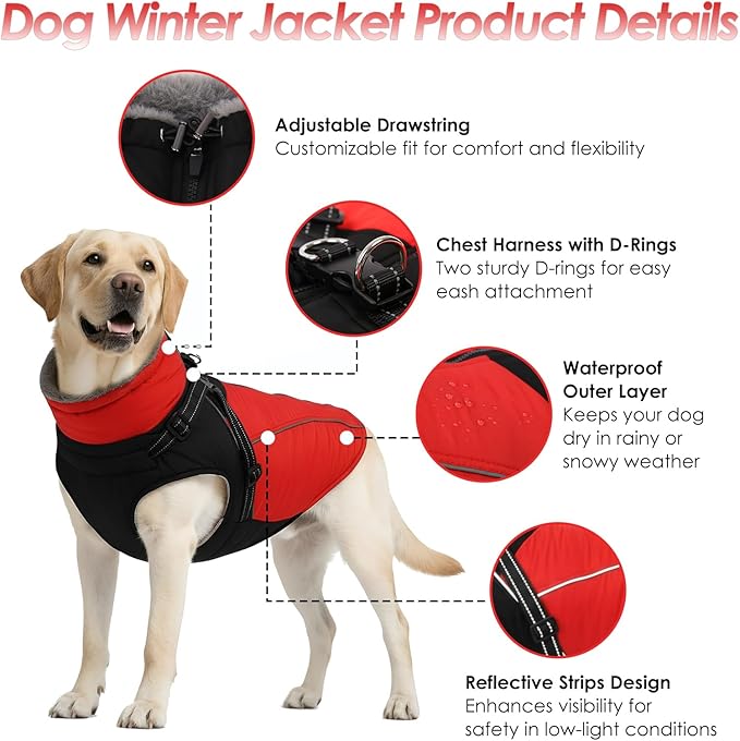 ASENKU Reflective Dog Coat with Built-in Harness, Windproof Fleece-Lined Dog Jacket for Small, Medium, Large Dogs, Warm Winter Vest with Turtleneck & Zipper (Red XL)