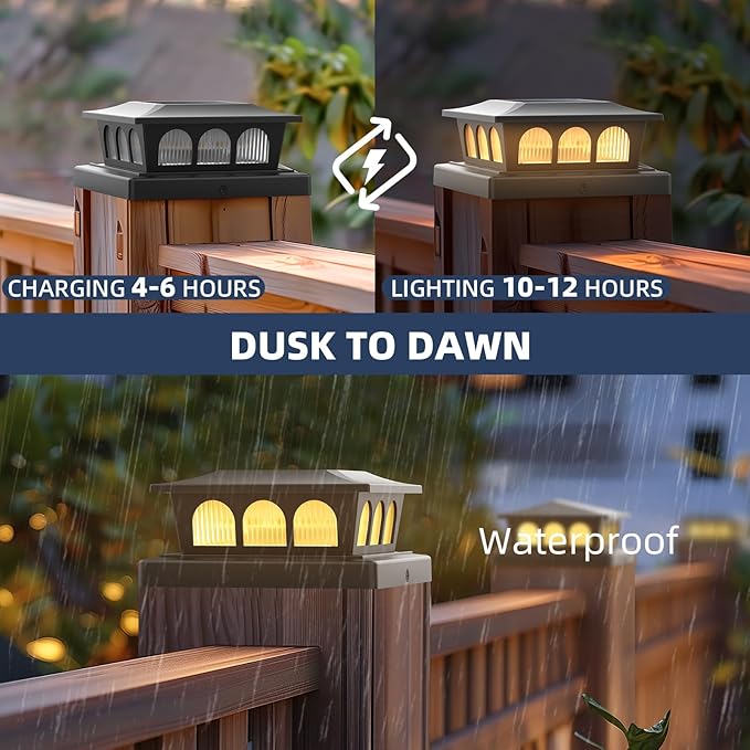 8 Pack Solar Post Cap Lights, Warm White & Cool White Auto On/Off, Waterproof Fence Post Solar Lights for 4x4 5x5 6x6 Wood/Vinyl Posts, Fence, Deck, Patio, Garden Decor (Black)