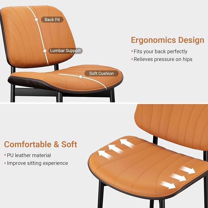 Dining Chairs Set of 2, Mid Century Modern Dining Room and Kitchen Chairs, Upholstered PU Leather Chairs with Walnut Bentwood and Metal Legs, Orange