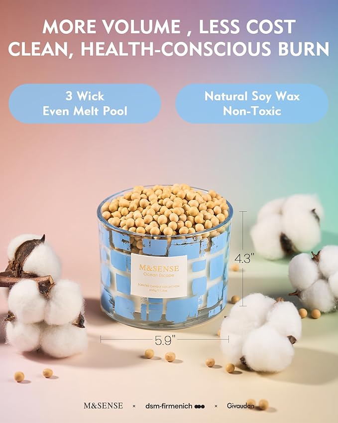 M&SENSE Ocean Escape Scented Candle,11.6oz Natural Soy Wax Non Toxic for Home, 3 Wick Jar Candle, Up to 60 Hours Burn time,Relaxing Aromatherapy Gifts for Women