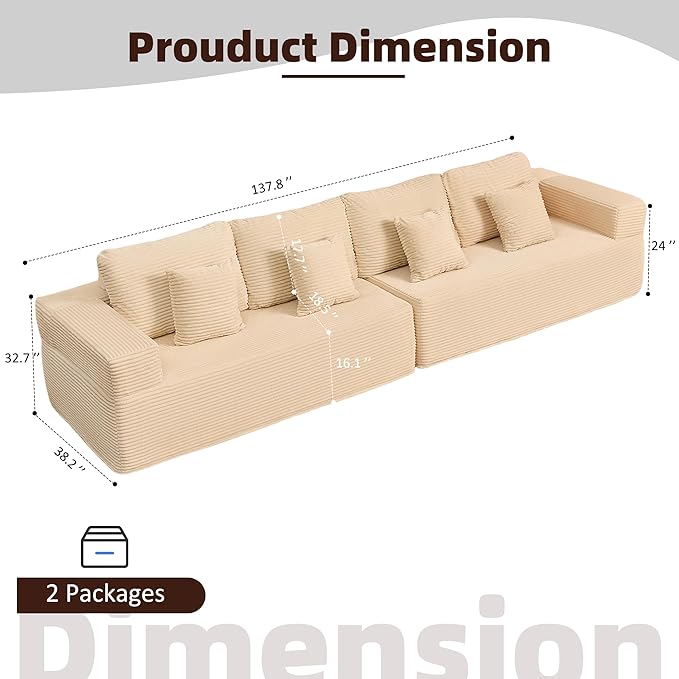 138" Modular Sofa Memory Foam Sectional Couches for Living Room, Sleeper Sofa Bed, Corduroy, White