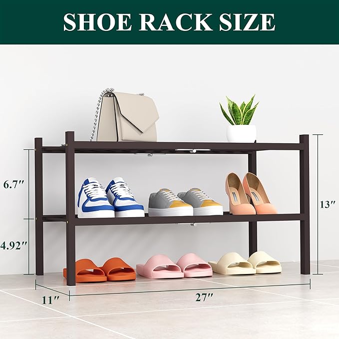Smiry Shoe Rack, 2 Tier Thick Bamboo Shoe Organizer, Stackable Free Standing Wooden Shoe Storage Shelf for Closet, Entryway, Front Door Entrance, Brown