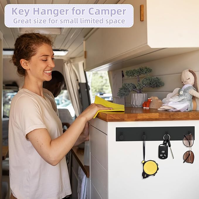 VIS'V Key Holder Wall Mount, Large Metal Self Adhesive Key Hanger with 4 Hooks, No Drilling, Extra Adhesive Strip, Black