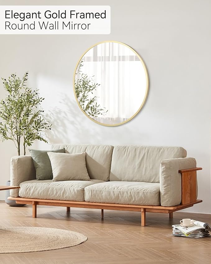 32 Inch Golden Circle Wall Mirror, Modern Round Metal Framed Mirror for Bathroom, Entryway, Living Room, Bedroom, Dining Room, Hallway, Decorative Home Décor, Easy Mount