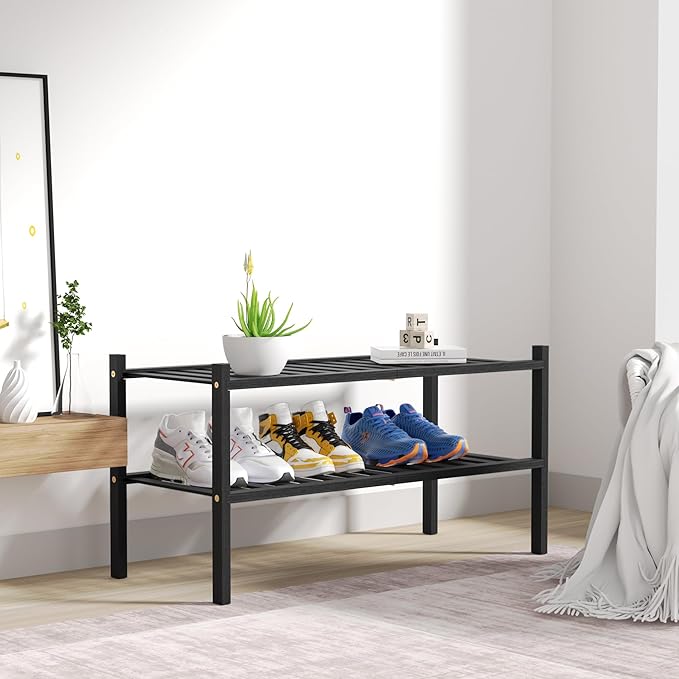 2 Tier Bamboo Shoe Rack for Closet Free Standing Wood Shoe Shelf for Entryway Small Space Stackable 27"x11"x13" (Black)