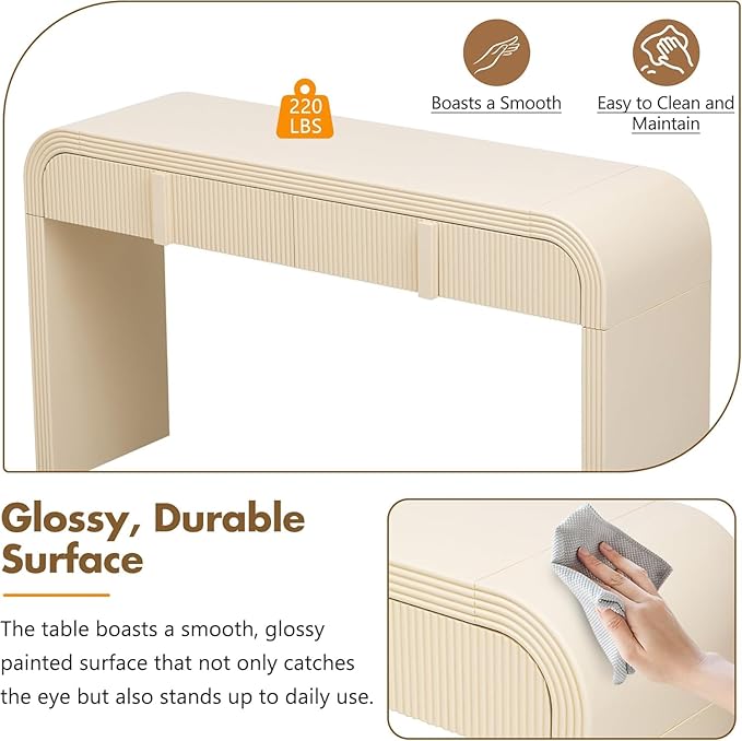 55'' Fluted Console Table with Storage Drawers, Wood Modern Curved Entryway Table with Storage for EntryWay, Hallway, Foyer (Beige)