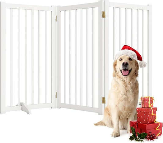 36" H Freestanding Dog Gate, Solid Wood Foldable Pet Gate with Support Feet, Wooden Tall Dog Gate for Doorway, Stairs & Indoor Use, 60" Wide Expandable Pet Fence, 3 Panels, White