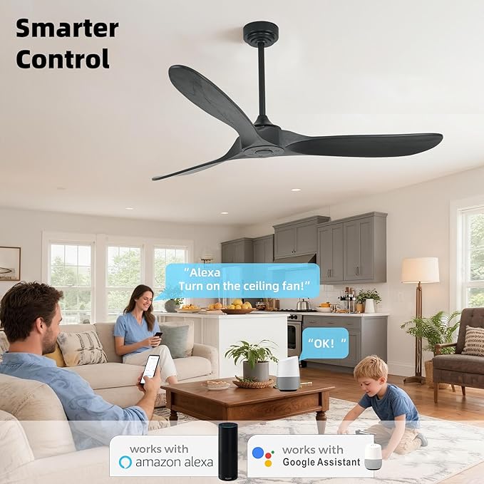 Outdoor Ceiling Fan Without Light, 60 Inch Smart Ceiling Fan with Remote & Voice Control for Alexa/Google, 3-Blade Wood Fan, Quiet DC Motor, 6 Speeds for Patio, Porch, Farmhouse, Black