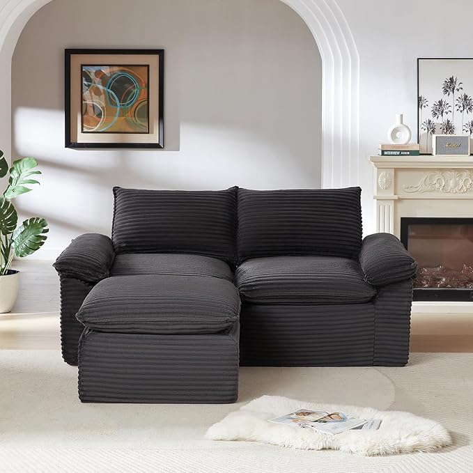 80" Cloud Sectional Couch with L-Shaped Chaise, Corduroy Sectional Sofa with Ottoman, Boneless Couch with Deep Seat in a Box for Living Room, No Assembly Required (Dark Grey)