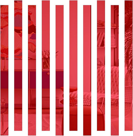 10Pcs DIY Striped Mirror Stickers 1.96" Wide Self Adhesive Removable Long Acrylic Frameless Mirror Sheets for Home Living Room Bedroom DIY Decor (Red)