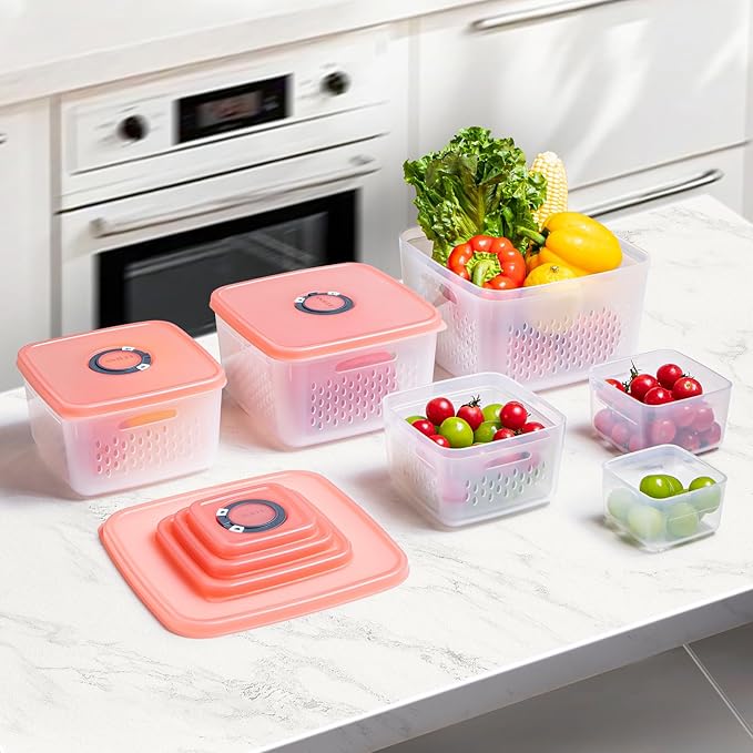 6-Piece Fruit Storage Containers for Fridge with Lids — BPA-Free Produce & Salad Keeper with Removable Colanders, Dishwasher & Microwave Safe, Multi-Size Meal Prep & Lettuce Saver