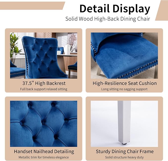 Luxury Upholstered Dining Chairs Set of 8, Blue Kitchen Chair with Silver Metal Legs, Velvet Tufted Back Dining Chair, Sillas de Comedor, Modern Kitchen & Dining Room Chairs (Blue, 8 Pcs)