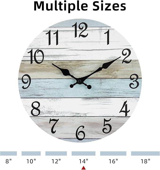 CHYLIN Wall Clock 14 Inch Bathroom Clock, Rustic Wall Clocks Battery Operated, Silent Non Ticking Wooden Coastal Beach Clock for Kitchen, Living Room, Bedroom, Office (White)