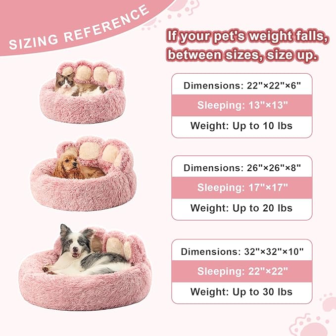 Jiupety Paw Shape Calming Pet Bed, Plush Faux Fur Donut Bed for Dogs & Cats, Machine Washable, Non-Slip Bottom, Medium (22"×22"×6"), Pink
